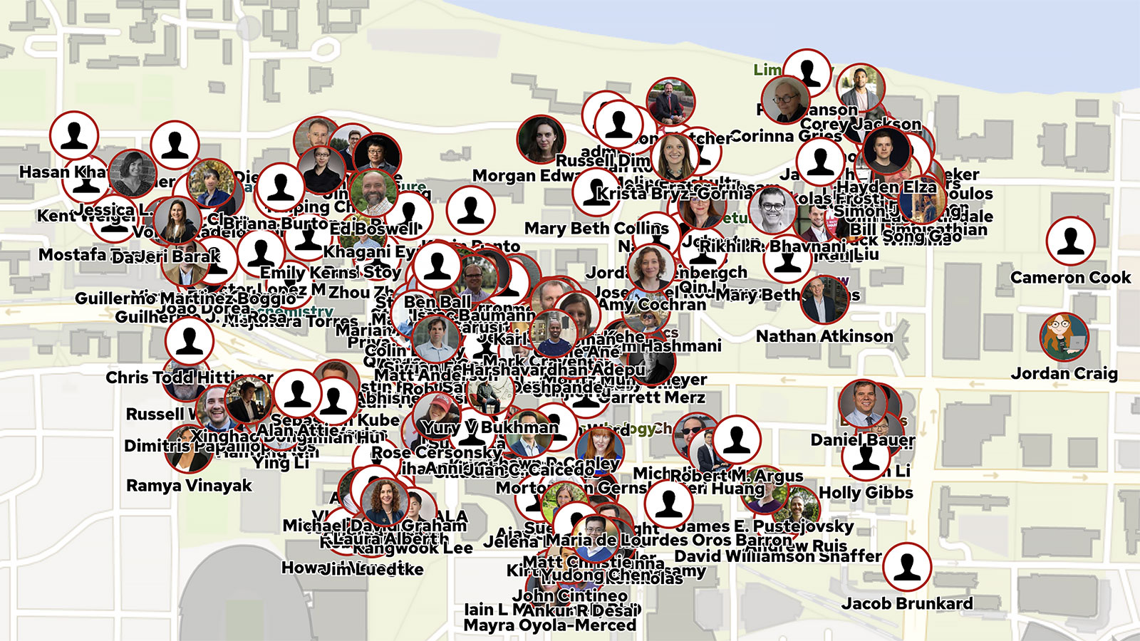 Image of a campus map with the faces of people in data science overlaid.