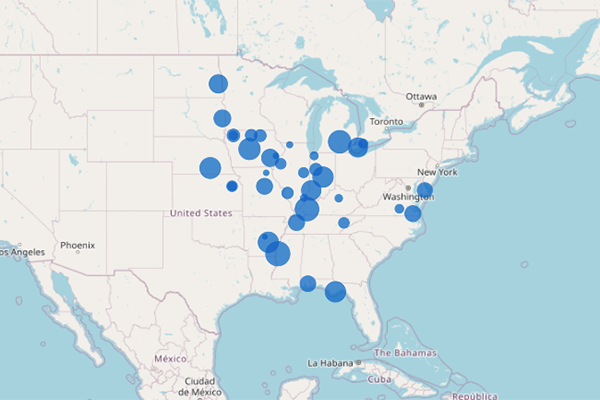 Map showing US locations of fungicide trials
