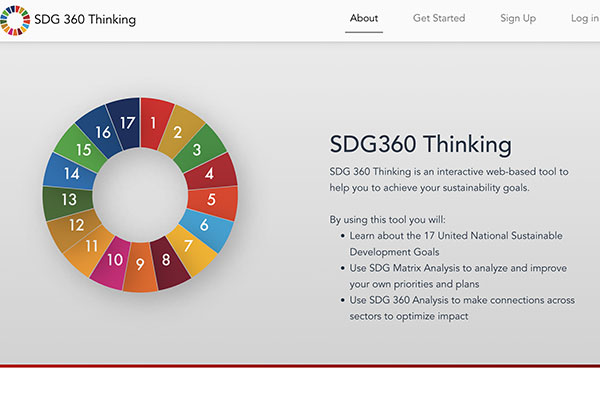 Screen shot of the SDG 360 app. A colorful wheel has segments for each of the 17 UN sustainable development goals.