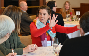 Alyson Fleming is talking with a group of people seated at a table in a meeting room.