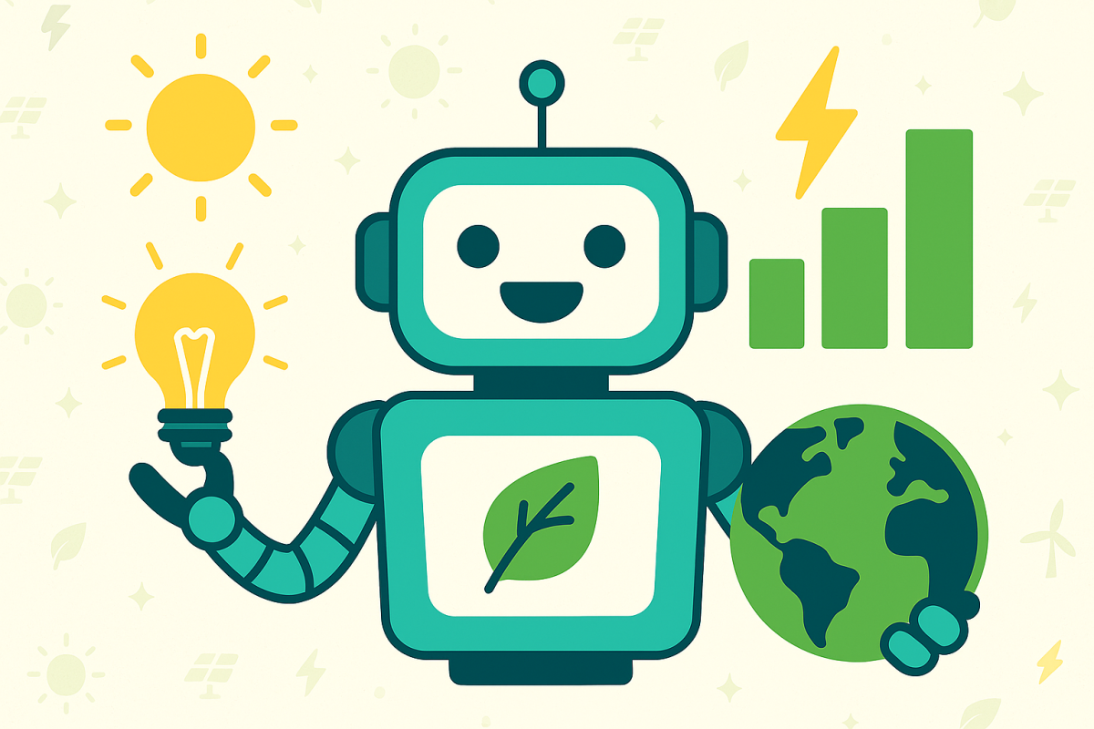 A cartoon robot with a green leaf on his chest holding a lightbulb and the planet Earth.