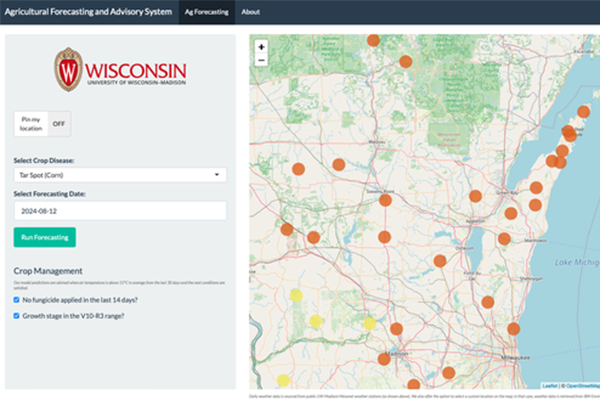Screen shot of a crop disease forecasting tool. The image depicts a map of Wisconsin with colored dots showing tar spot risk.