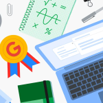 Illustration showing a computer and a medal with the letter G for Google.