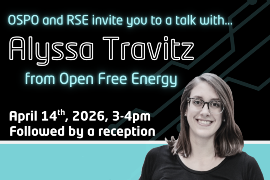A head shot of Alyssa Travitz with the words: OSPO and RSE invite you to a talk with Alyssa Travitz from Open Free Energy. April 14, 2026, 3-4pm. Followed by a reception.
